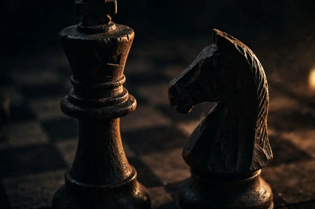 Dark chess pieces emerging from shadow under dramatic side light