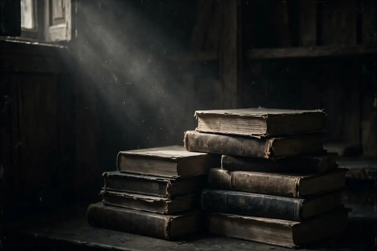 Old books in a dark study crossed by a shaft of window light