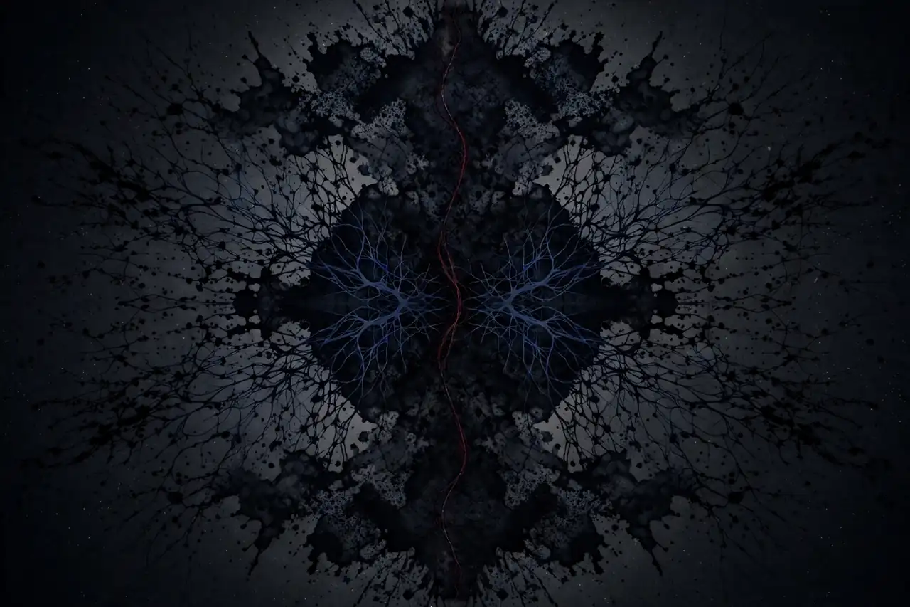 Abstract ink patterns dissolving into darkness with a single deep red thread