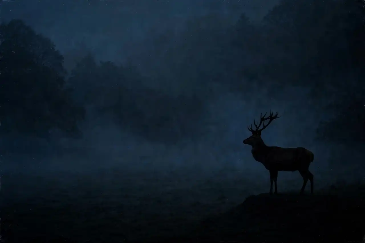 A lone stag at the edge of a misty forest clearing at night
